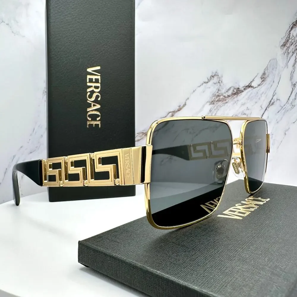 New VERSACE Sunglasses Gold Metal Greca Logo Rectangle Black Gray